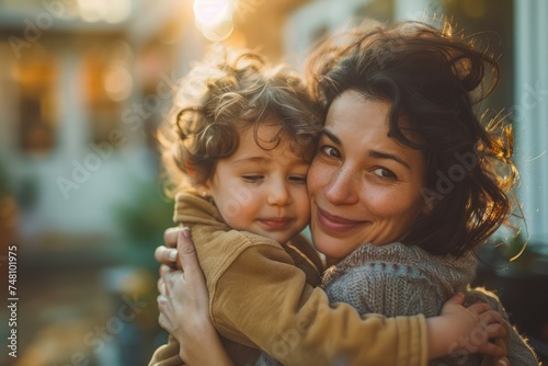 Warm Golden Hour Portrait of Loving Mother Embracing Young Child with Affectionate Smile Outdoors