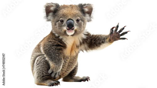 A koala bear, Phascolarctos cinereus, on a white background, holding a sign covering its face, which is blurred, creating space for text or logos photo