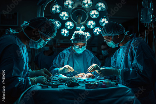 This is medical photograph of three surgeons performing operation on patient, taken in darkly lit operating room. For scientific and clinical use and conveys sense of seriousness and professionalism.