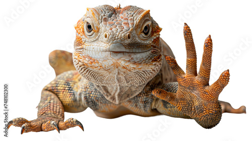 Detailed close-up of a Bearded Dragon lizard playfully raising its paw as if waving hello  isolated on white