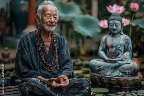 An elderly man meditates with a Buddha statue in a natural setting  surrounded by green plants and flowers  creating a feeling of calm and tranquility.