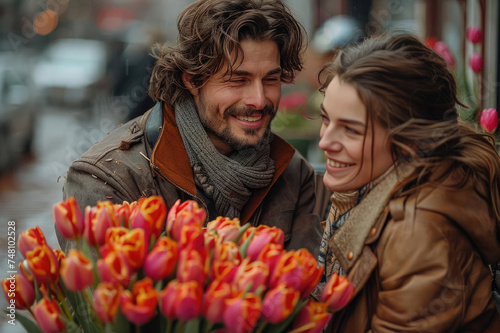 Photography Man in love gives woman huge bouquet of tulips on city streetImage highlights romantic and urban atmosphere of setting