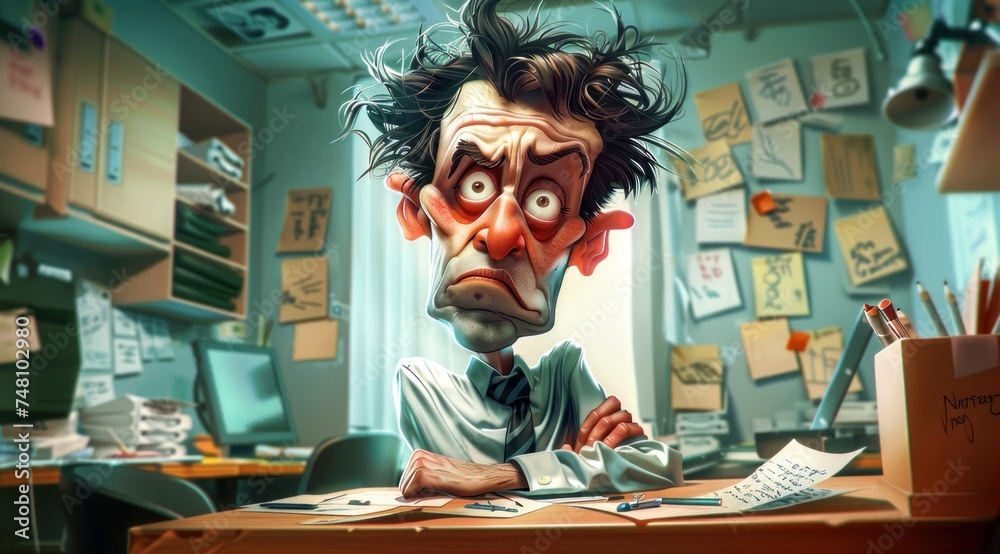Personnage cartoon d'un homme travaillant dans son bureau. - obrazy, fototapety, plakaty 