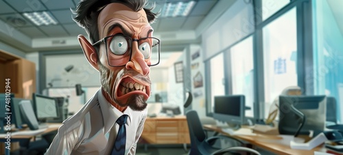 Personnage cartoon d'un homme en colère travaillant dans son bureau.