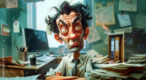 Personnage cartoon d'un homme travaillant dans son bureau.