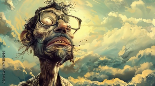 Personnage cartoon d'un homme senior regardant le ciel, image avec espace pour texte.