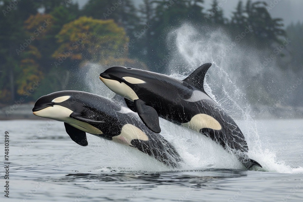 Fototapeta premium two dolphins jumping