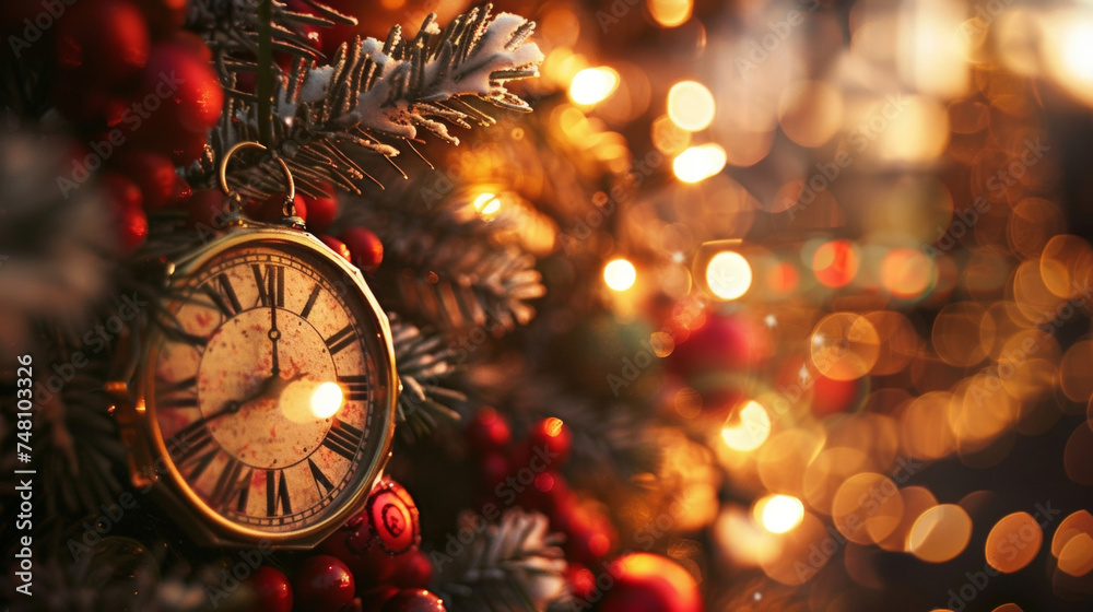 As the clock strikes midnight on Christmas Eve families gather to attend midnight mass or open one small present before heading to bed excited for what the morning will bring. - obrazy, fototapety, plakaty 