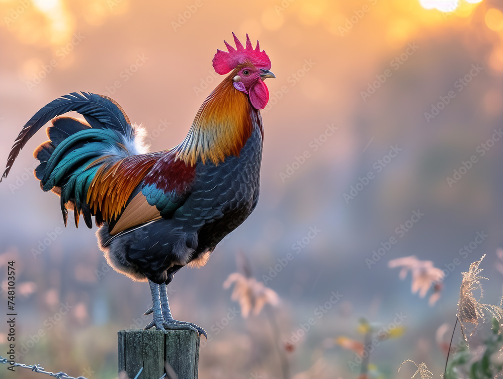 Rooster perched on the fence and crowed. On a calm and sunny morning. - obrazy, fototapety, plakaty 