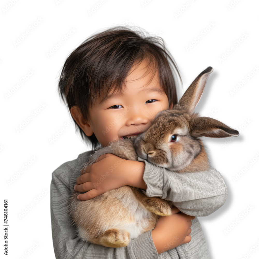 Happy asian boy hugging a rabbit, easter concept. Transparent background Happy asian boy hugging a rabbit, easter concept. Transparent background