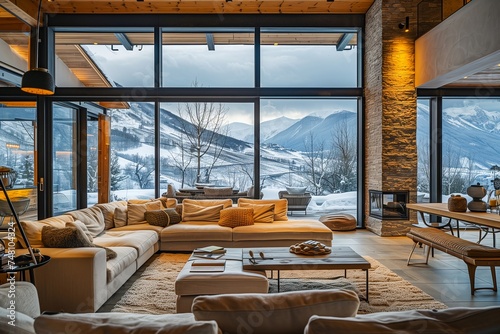 Comfort, quality and good taste, in a modern living room of a house in the snowy landscape of the mountains.