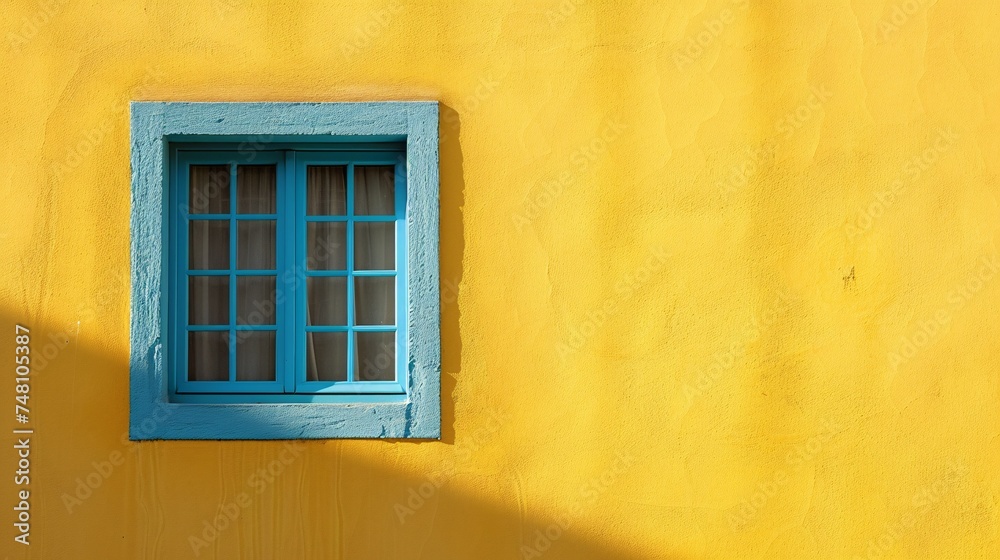 Bright sun rays shining through window casting shadows of window frame on sunny yellow wall. Bright sun rays shining through window casting shadows of window frame on sunny yellow wall.
