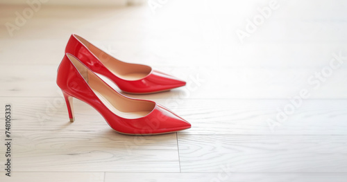 Red lacquered high heel shoes for women on parquet floor. Stylish accessory for festive parties and events. Classic heels for ladies