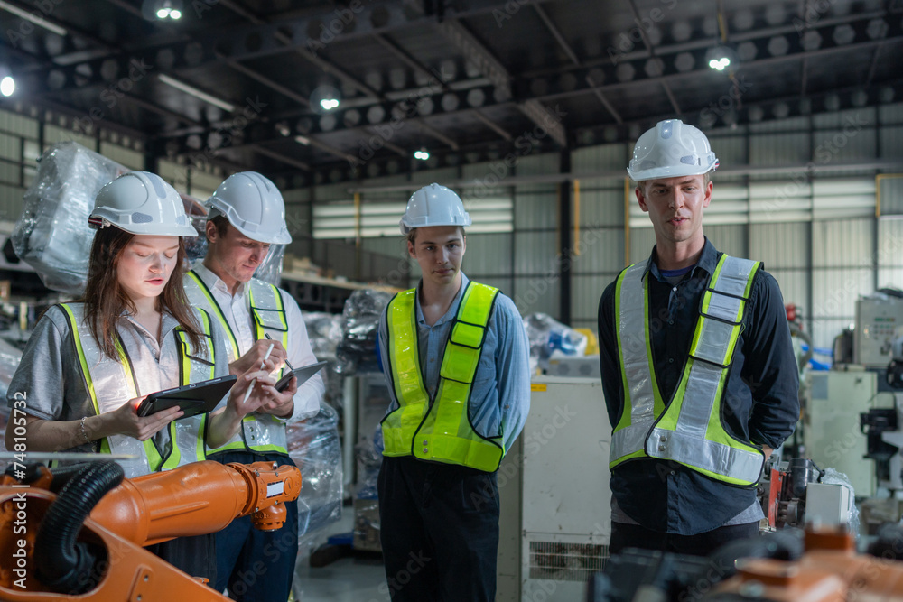 team engineers inspecting on machine with smart tablet. Worker works at heavy machine robot arm. The welding machine with a remote system in an industrial factory. Artificial intelligence concept. team engineers inspecting on machine with smart tablet. Worker works at heavy machine robot arm. The welding machine with a remote system in an industrial factory. Artificial intelligence concept.
