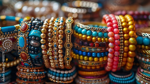 A vibrant array of bracelets adorned with various jewels in a close-up shot.