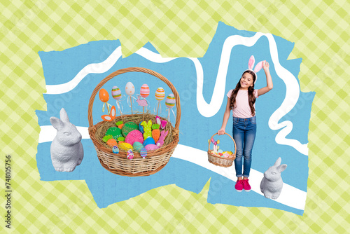 Creative 3d photo artwork collage of beautiful little girl headband bunny ears figurine statue hamper easter decoration isolated on colorful background