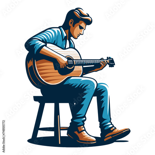 Musician man playing guitar acoustic vector illustration, male guitarist performing music, String instrument player design template isolated on white background