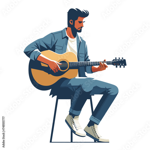 Musician man playing guitar acoustic vector illustration, male guitarist performing music, String instrument player design template isolated on white background
