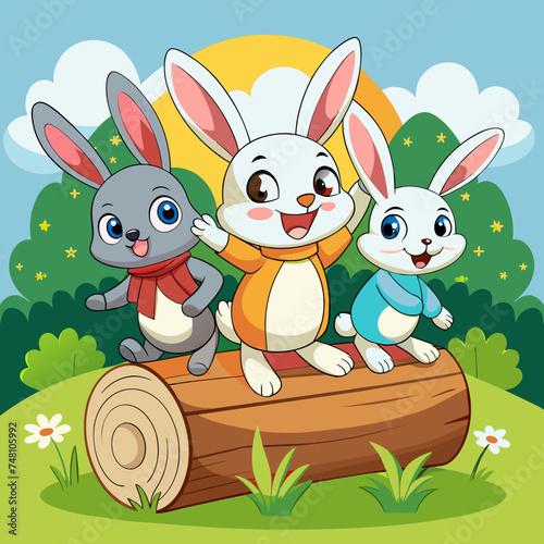 Three rabbit cartoon playing in the log, wearing cloth and cloudy blue sky in the background
