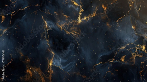 Abstract background of black marble slab with interweaving lines gold powder. Black marble slab or grunge stone © Anzhela