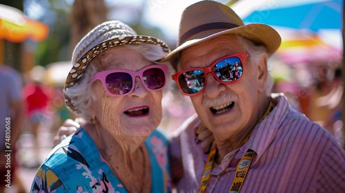 Two seniors smiling and posing for a silly photo with oversized novelty sunglasses adding to the fun atmosphere photo