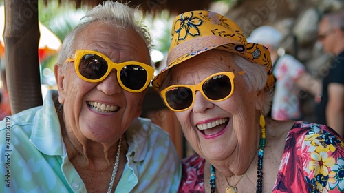Two seniors smiling and posing for a silly photo with oversized novelty sunglasses