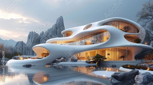 A futuristic white structure with glowing interiors sits by a reflective water body in a misty setting.