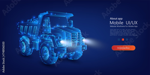 Futuristic Holographic Dump Truck on Dark Background. Striking image features a digital hologram of a dump truck, glowing in blue, highlighting the fusion of construction and advanced technology.