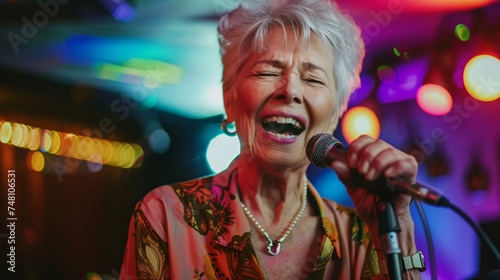 Elderly woman smiling and singing joyfully into a microphone during a karaoke party