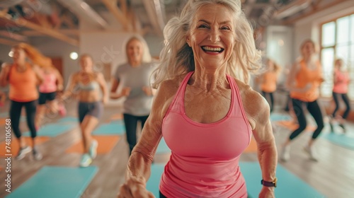 An older woman smiling and sweating as she follows the instructor's lead during a Zumba fitness session  photo