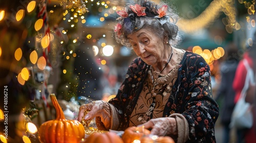 An older woman in a fairy godmother costume sprinkling glitter on Halloween decorations