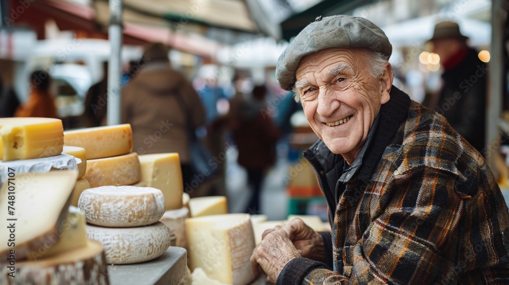 An older gentleman sampling artisanal cheeses with a smile at a bustling market