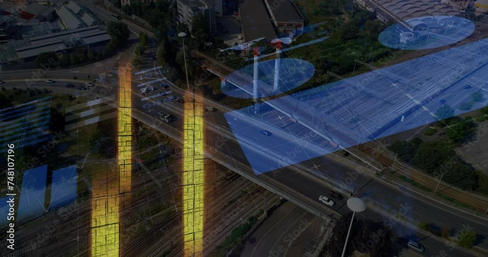 Animation of financial data processing over cityscape Animation of financial data processing over cityscape