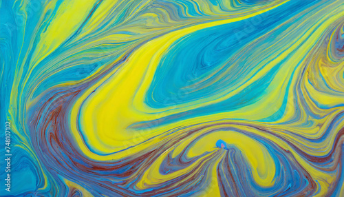 Abstract bright blue and yellow painting background. Art with liquid fluid grunge texture. Acrylic painted waves.