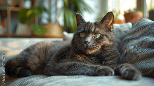 A fluffy black cat lies on the sofa in the living room. Caring for a pet cat.