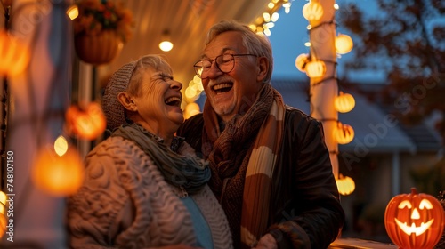 Older couple laughing together while decorating their porch with Halloween lights
