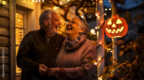 An older couple laughing together while decorating their porch with Halloween lights