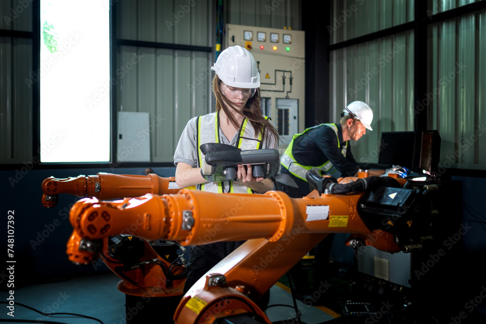Fototapeta premium Factory engineers inspecting on machine with smart tablet. Worker works at heavy machine robot arm. The welding machine with a remote system in an industrial factory. Artificial intelligence concept.