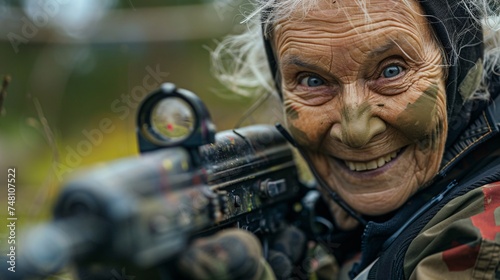 An elderly woman smiling and sneaking up on her opponent during a paintball match