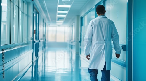 Male physician strolling through hallway in medical facility. photo