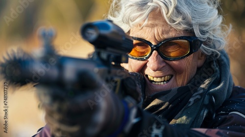 An elderly woman smiling and aiming her paintball gun with precision during a competitive match © Maelgoa