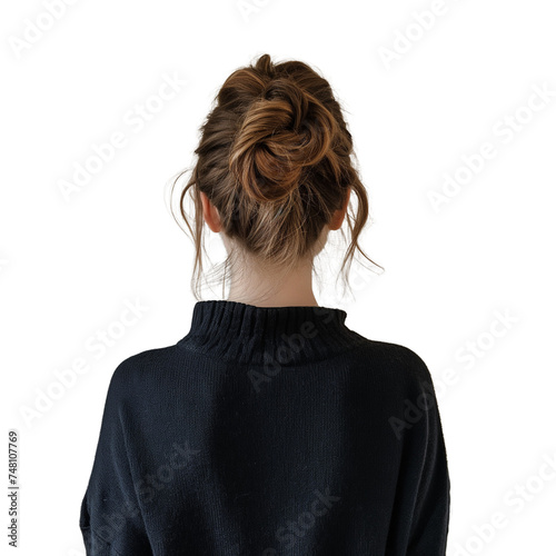 back view of girl from backside, black sweatshirt with bun hair, poster of a girl hairstyle idea for saloon, 
