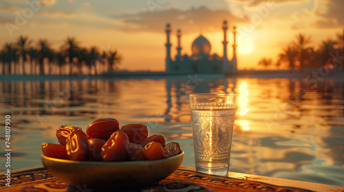 dates in a bowl and a glass of water in table with a mosque in the distance. ramadan kareem holiday celebration concept