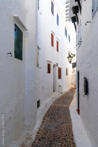 narrow alley leading through a maze of whitewashed buildings in the village center of Binibeca Vell © makasana photo
