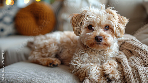 Favorite pet dog lies on the sofa in the living room. Difficulties of keeping a dog in the house.