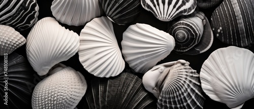 seashells on a black and white background. close up. Travel and vacation concept with copy space. Spa Concept.