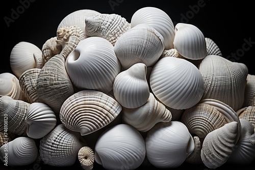 Seashells background. Close up view of sea shells. Travel and vacation concept with copy space. Spa Concept.