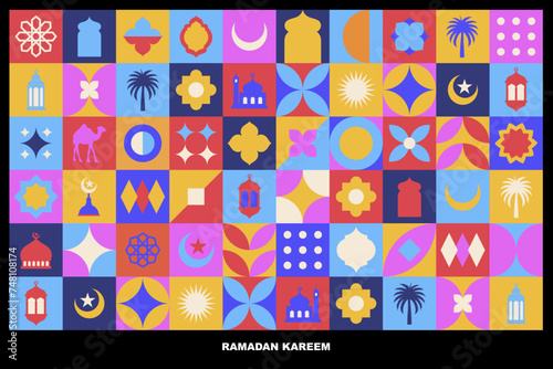 Geometric style colorful Islamic Ramadan Kareem banner, poster design, pattern and geometrical background. Mosque, moon, dome and lanterns. Minimalistic illustrations