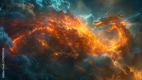 Majestic fire dragon soaring through space