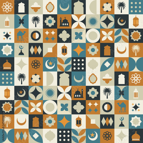Geometric style colorful Islamic Ramadan Kareem banner, poster design, pattern and geometrical background. Mosque, moon, dome and lanterns. Minimalistic illustrations © Royokta